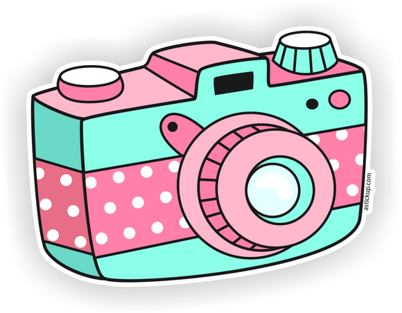 cartoon illustration of retro camera in pink and aqua blue colours