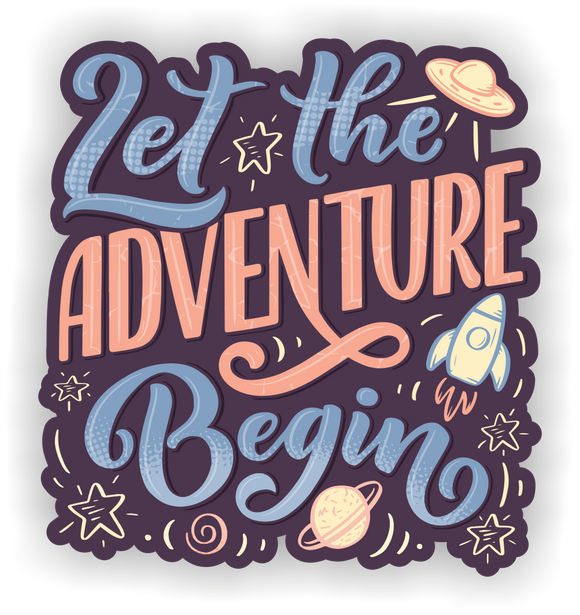  vinyl sticker blue and pink text on purple background let the adventure begin