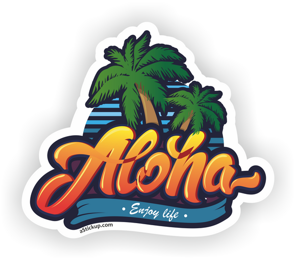 Yellow and orange text Aloha sticker with palm tree background 