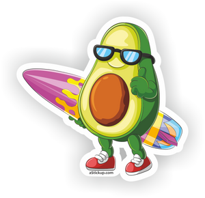 Avacado character sticker wearing glasses carrying a surfboard