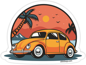 retro style illustration of VW beetle with palm tree and sunset background