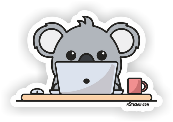 vinyl sticker cartoon illustration koala bear using laptop